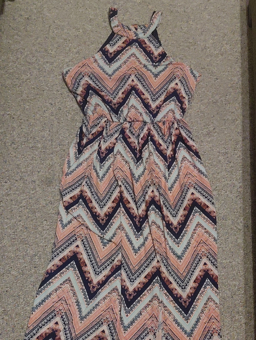 Three Pink Hearts Navy Halter Maxi  Dress with Coral & Mint Chevron